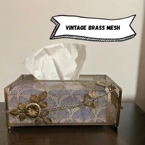 Vintage Brass Mesh Floral Tissue Box Cover | Gold Leaf Decor Vanity Bedside